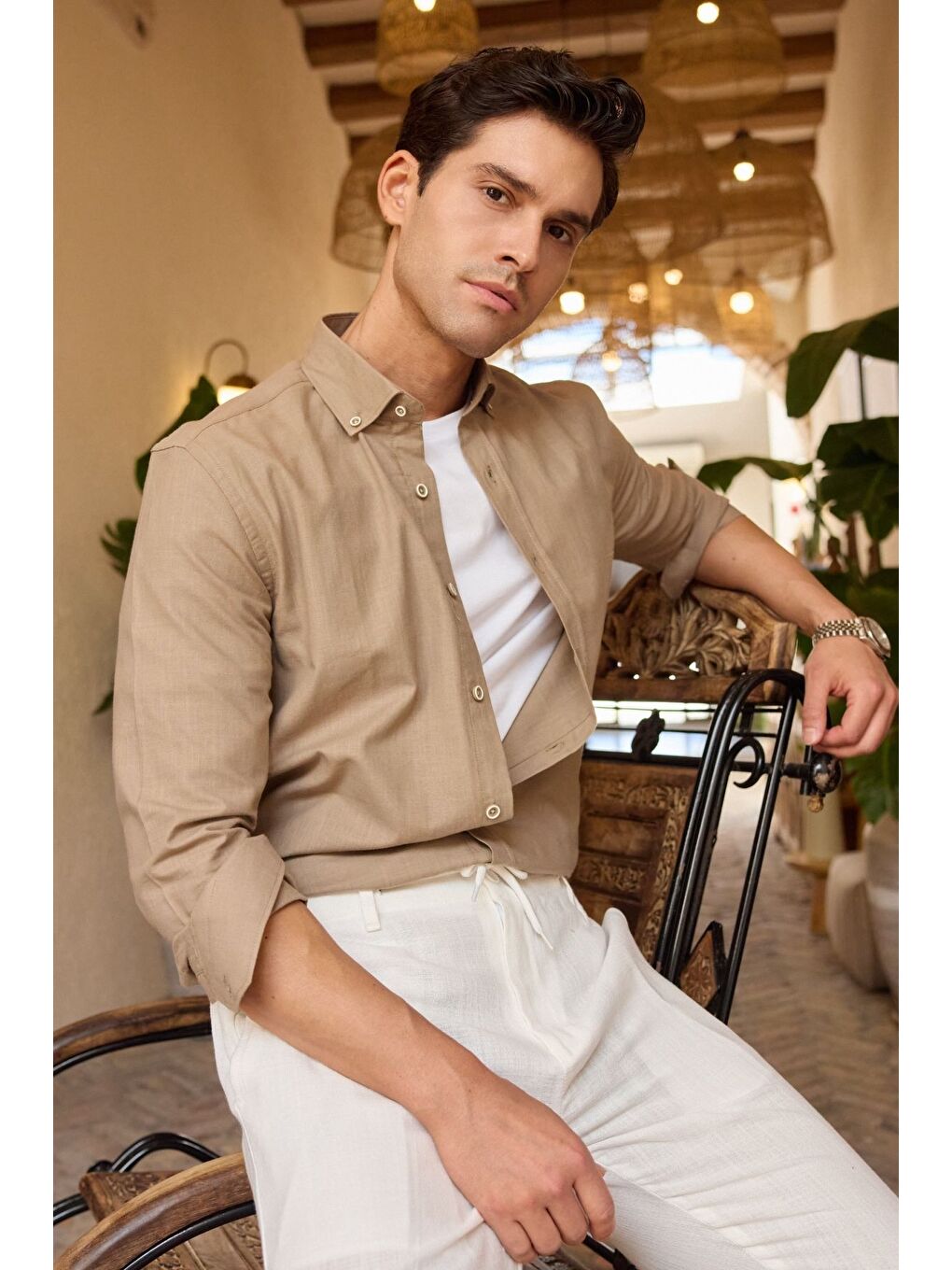 Kahverengi Turi Erkek Pamuk Gömlek Modern Slim Fit Keten Görünümlü Uzun Kol
