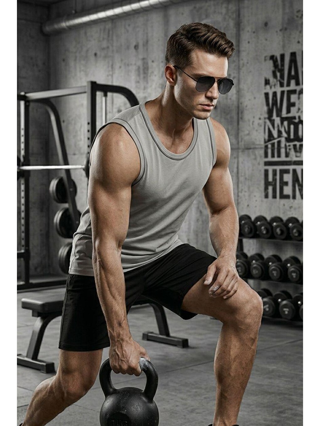 Gri Biye Detaylı Bisiklet Yaka Erkek Atlet - Fitness ve Günlük Stil-1