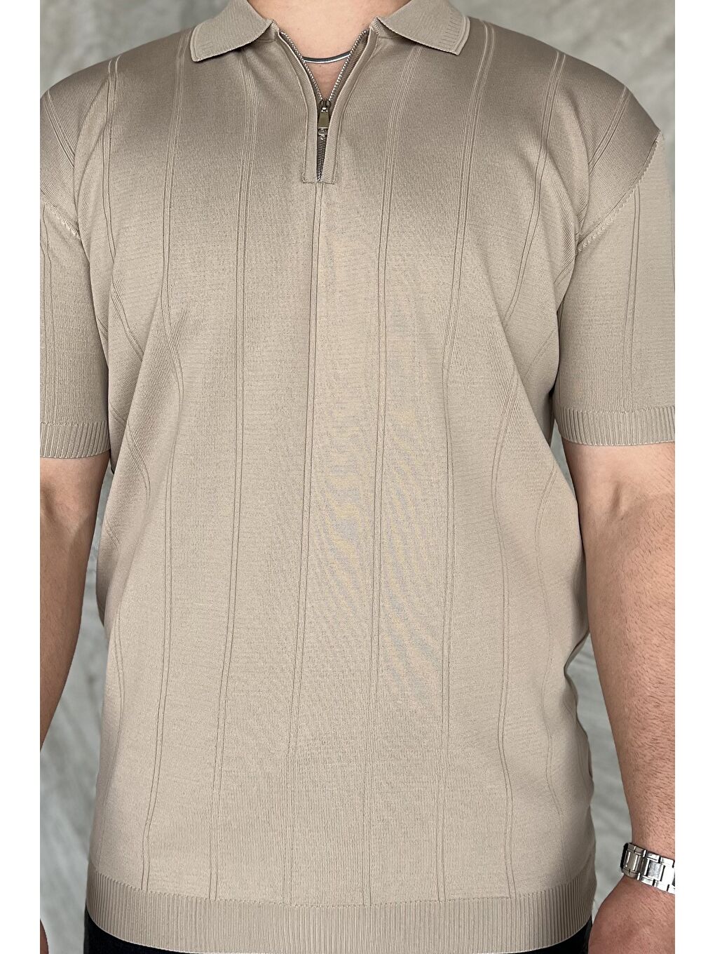 Bej Erkek Bisiklet Yaka Yarım Fermuarlı Triko Tişört-3