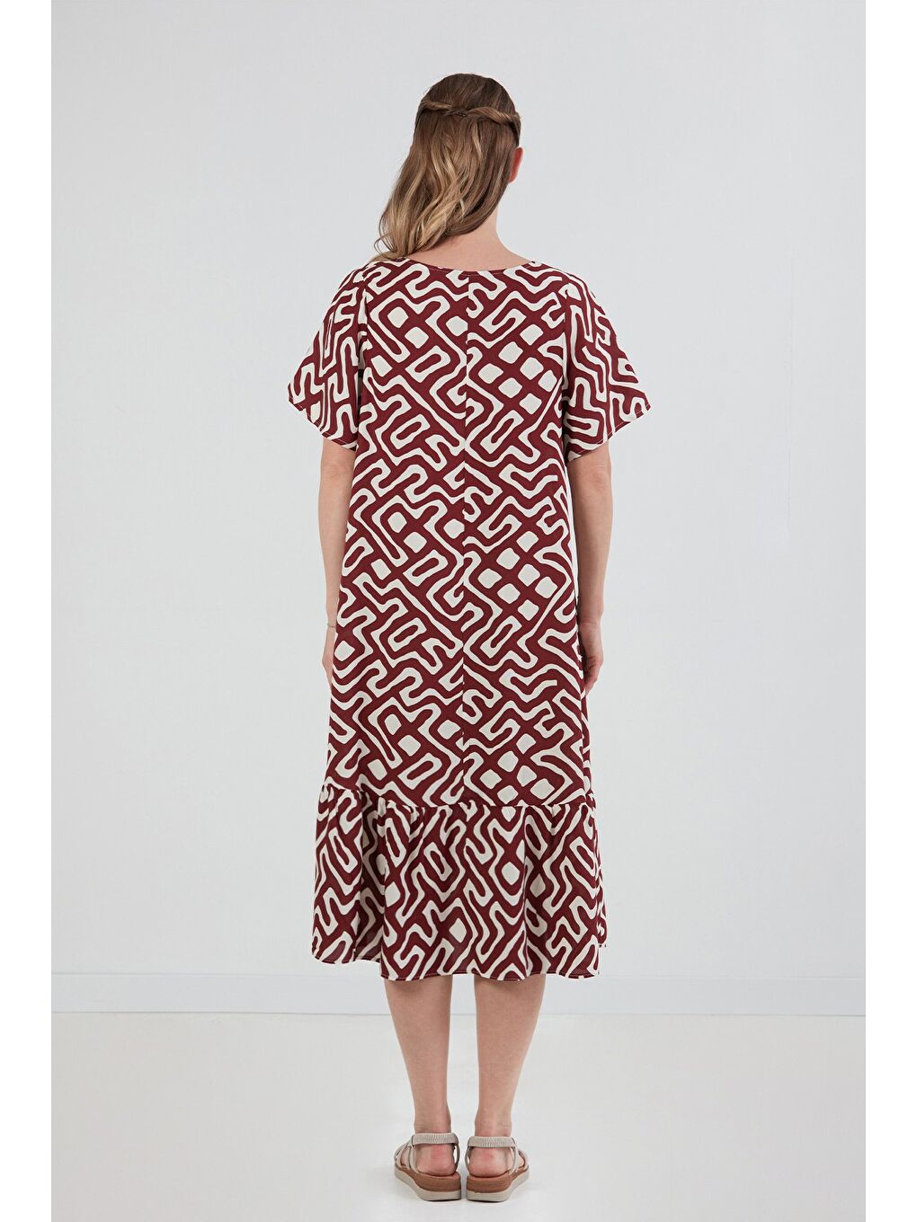 Bordo Desenli V Yaka Salaş Elbise-3