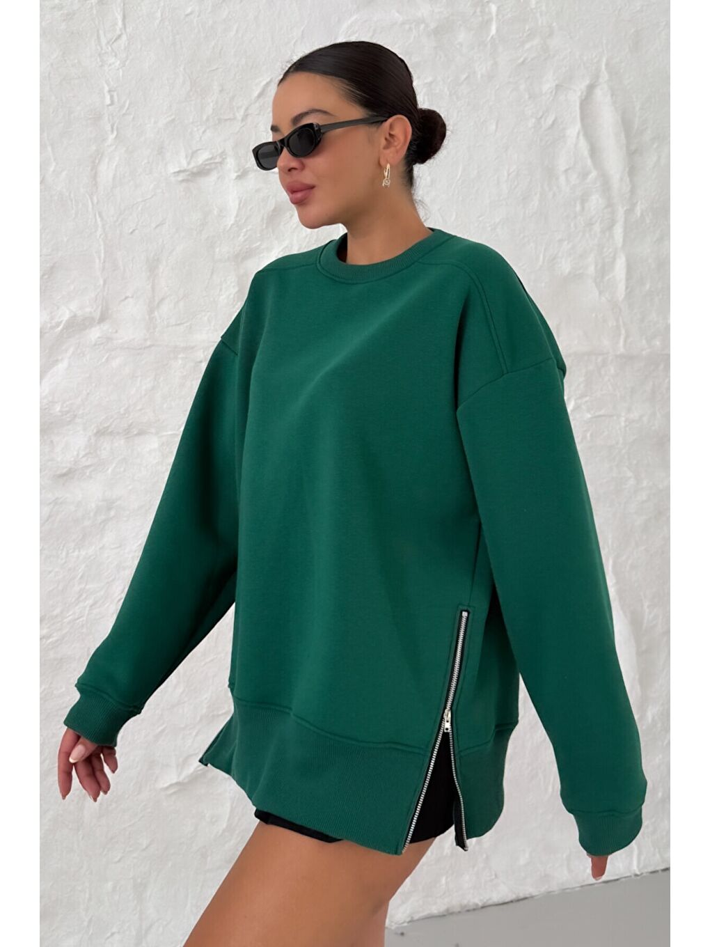 Kadın Nefti Yeşil Bisiklet Yakalı Yanı Yarım Fermuar Detaylı Sweatshirt-2