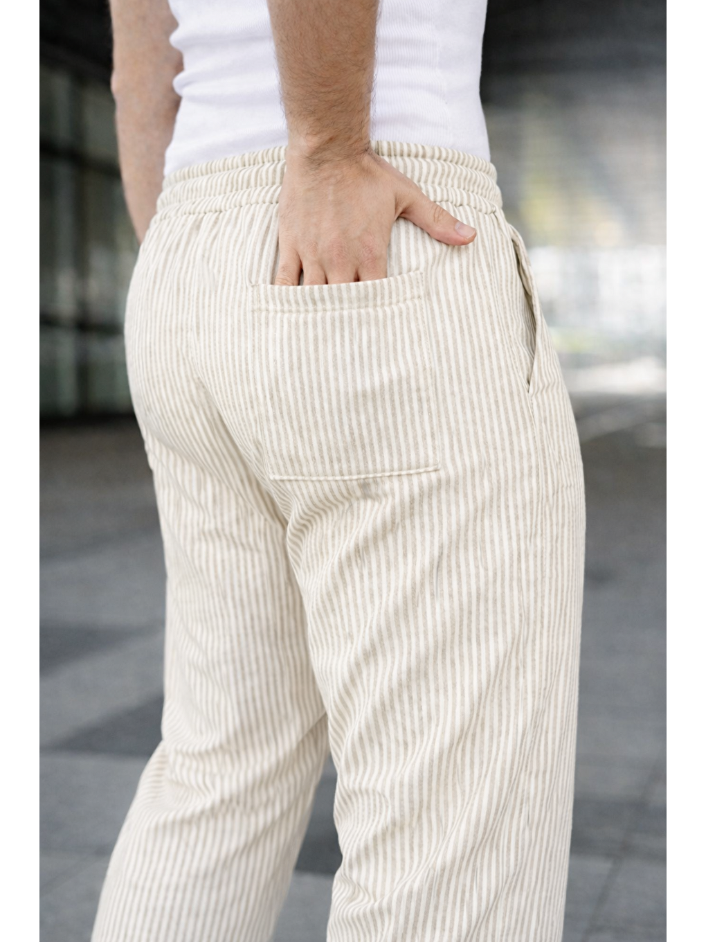 Ekru Erkek Trend Lastikli Çizgili Bol Krem Eşofman Altı-3