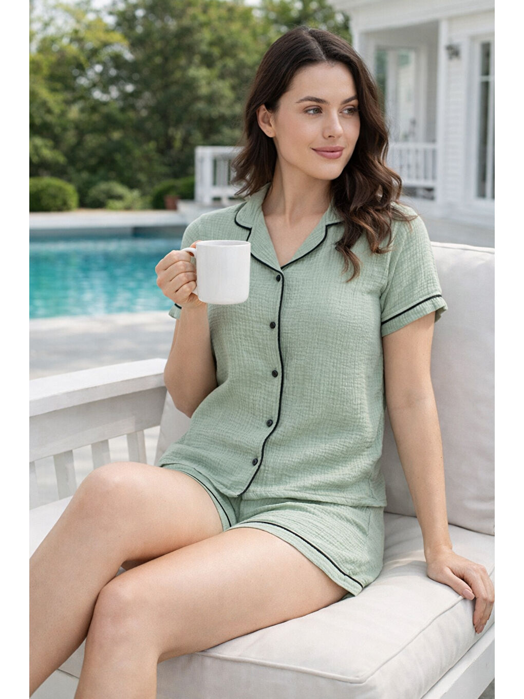 Kadın Biye Detay Kısa Kol Müslin Kumaş Şortlu Pijama Takımı 9001 Yeşil-1