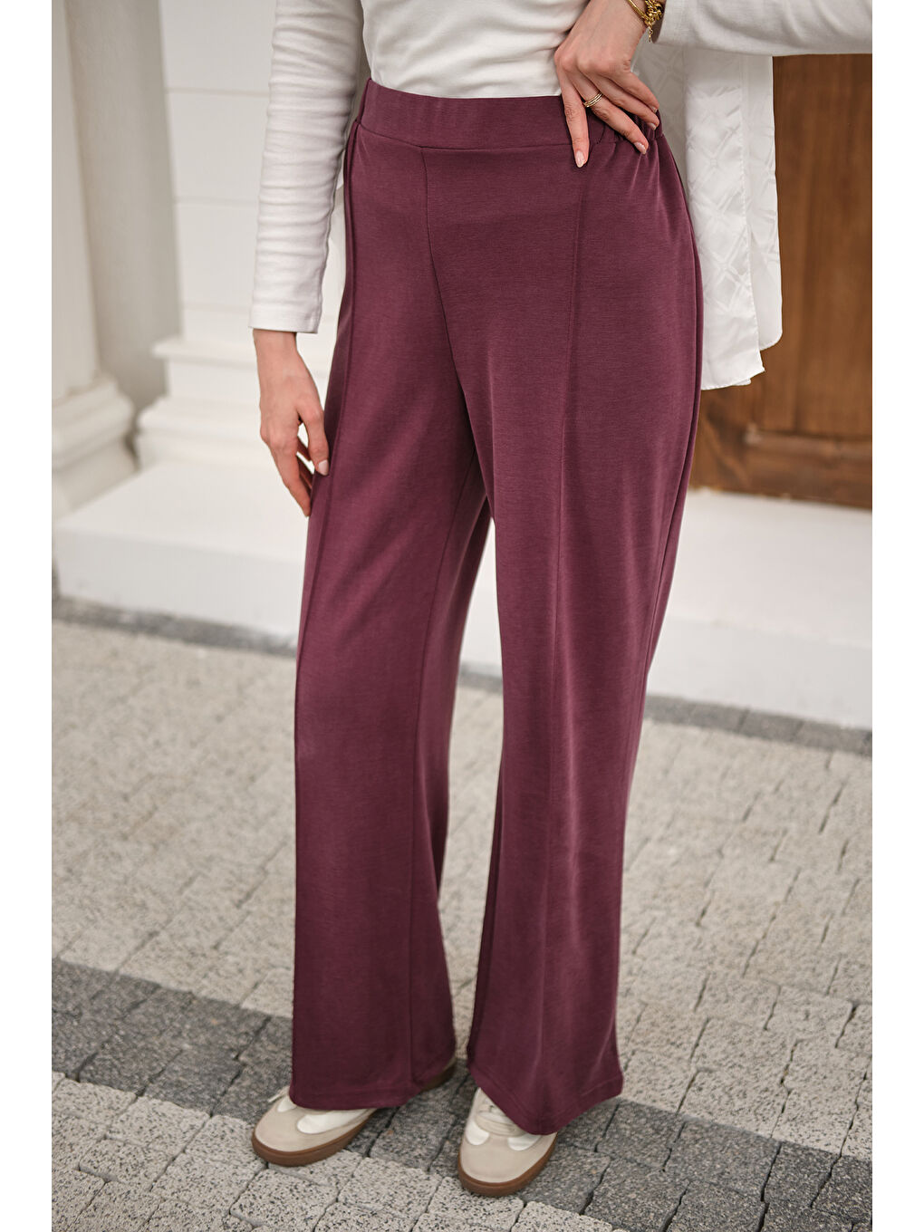 Kadın Önü Çima Detaylı Lastikli Pantolon Mürdüm-2