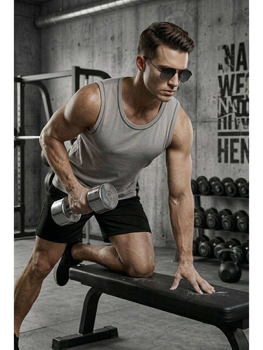 Gri Biye Detaylı Bisiklet Yaka Erkek Atlet - Fitness ve Günlük Stil-2