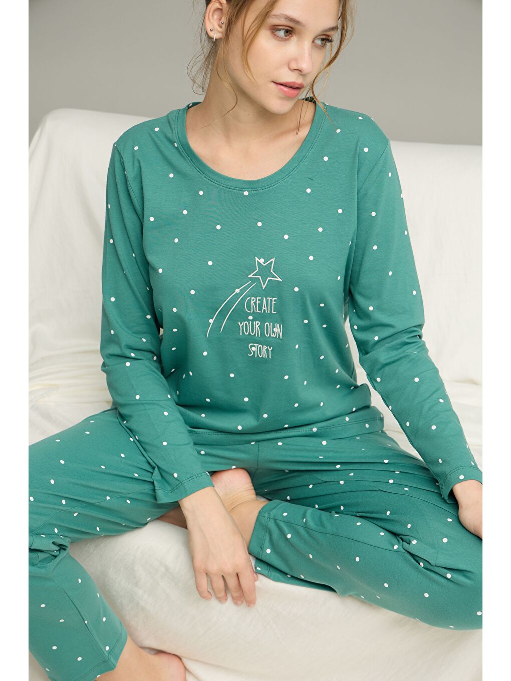 Yeşil Puan Desenli Pamuklu Bisiklet Yaka Örme Pijama Takım25241154