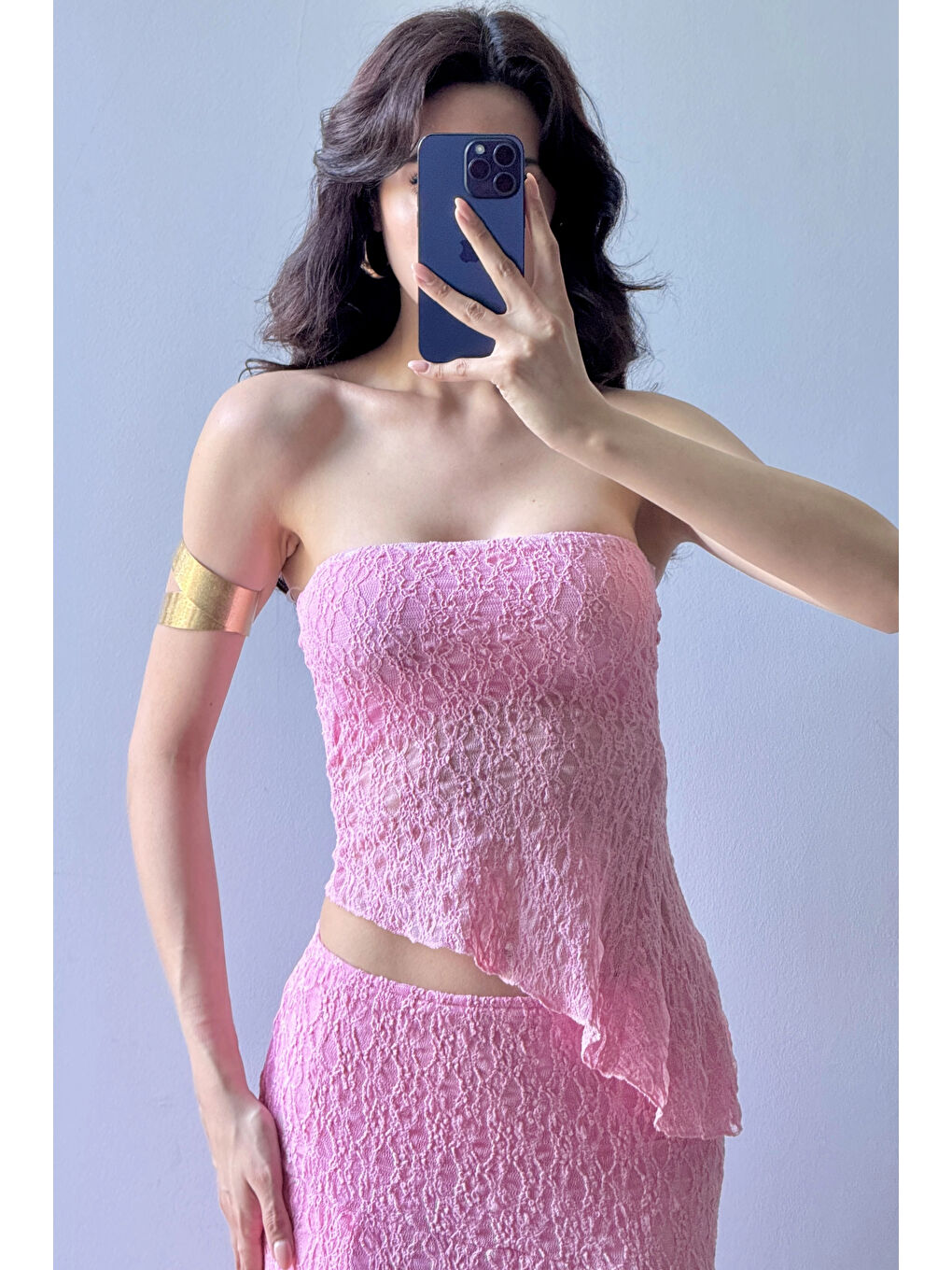 Kadın Pembe Dantel Crop Etek Takım 1026-221725-7