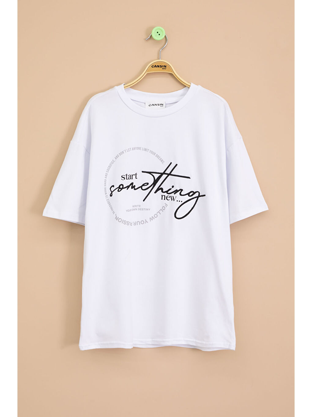 Ekru Yazı Nakışlı Sırtı Baskılı Erkek Çocuk Bisiklet Yaka Tişört 20899