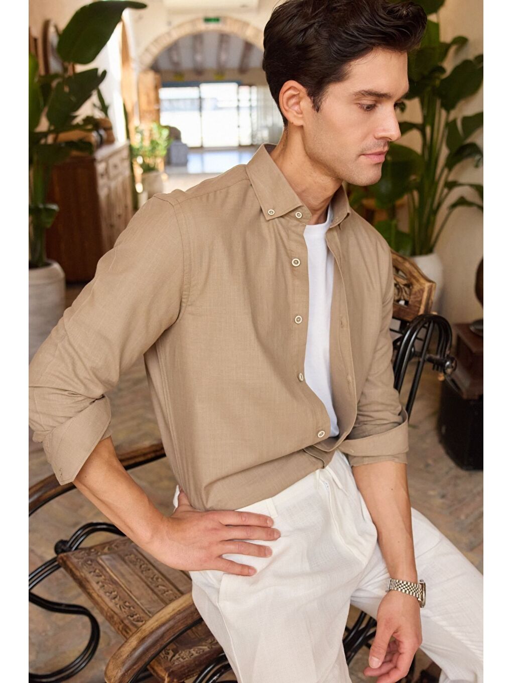 Kahverengi Turi Erkek Pamuk Gömlek Modern Slim Fit Keten Görünümlü Uzun Kol-1