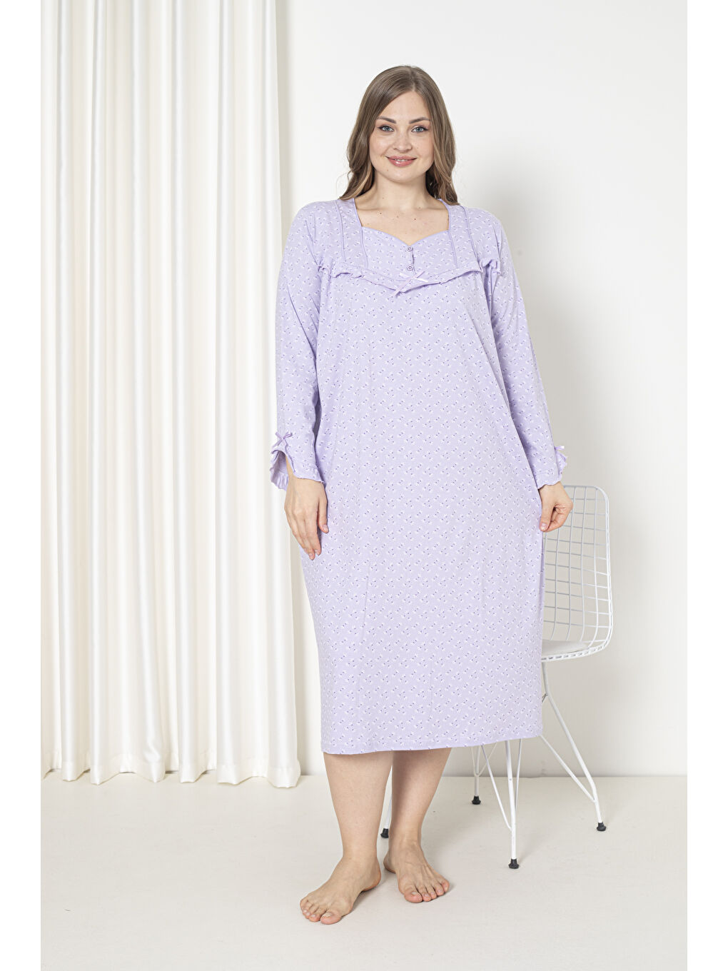 Lila %100 Pamuklu Mevsimlik Uzun Kol Penye Büyük Beden Anne Gecelik 180-1