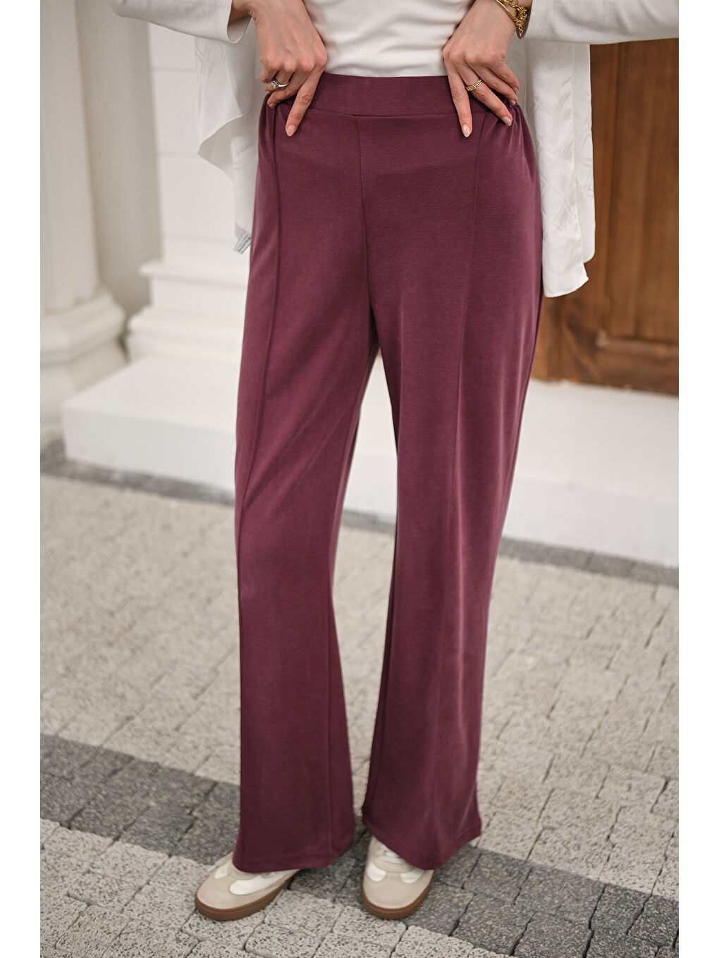 Kadın Önü Çima Detaylı Lastikli Pantolon Mürdüm-3