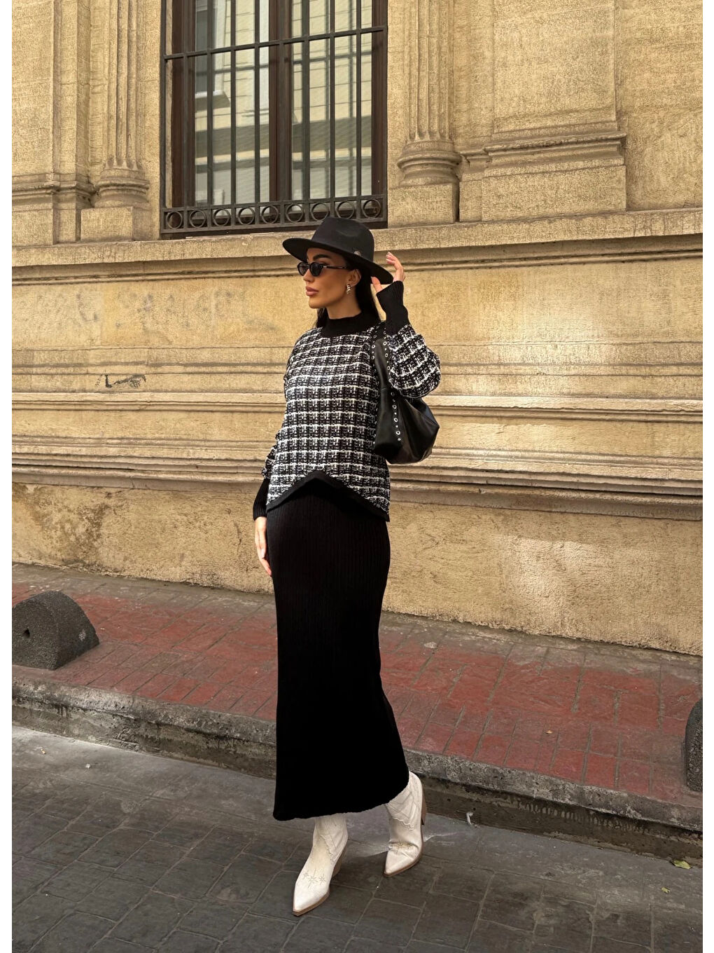 Ekose Desenli Kazak ve Elbise Triko Takım Siyah-2