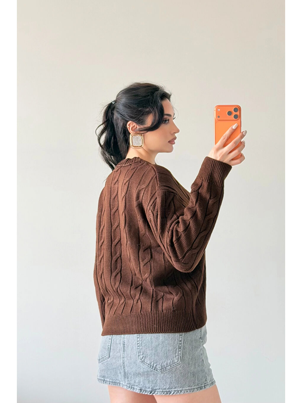 Kahverengi Kadın Kahve Saç Örgü Triko Kazak 1014-2573-1