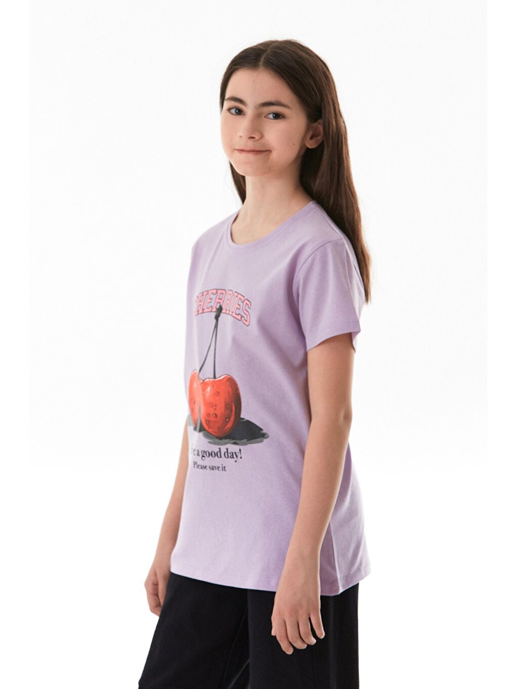 Lila %100 Pamuk Kiraz Baskılı Bisiklet Yaka Kız Çocuk Tişört-2