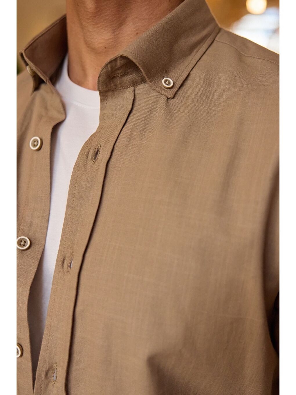 Kahverengi Turi Erkek Pamuk Gömlek Modern Slim Fit Keten Görünümlü Uzun Kol-2