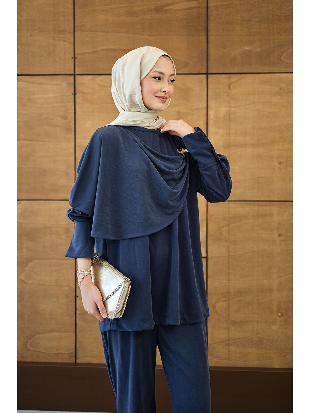Kadın Yandan Düğme Detaylı Takım Lacivert-1