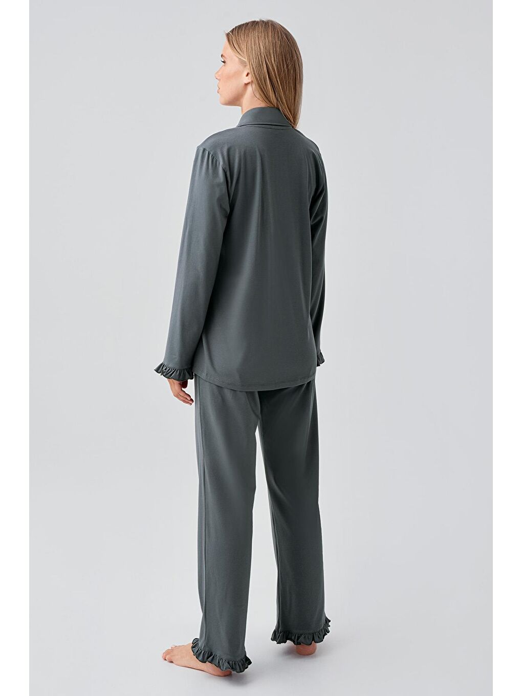 Yeşil Uzun Kollu Düğmeli Esnek Pamuklu Pijama Takım 18203-2