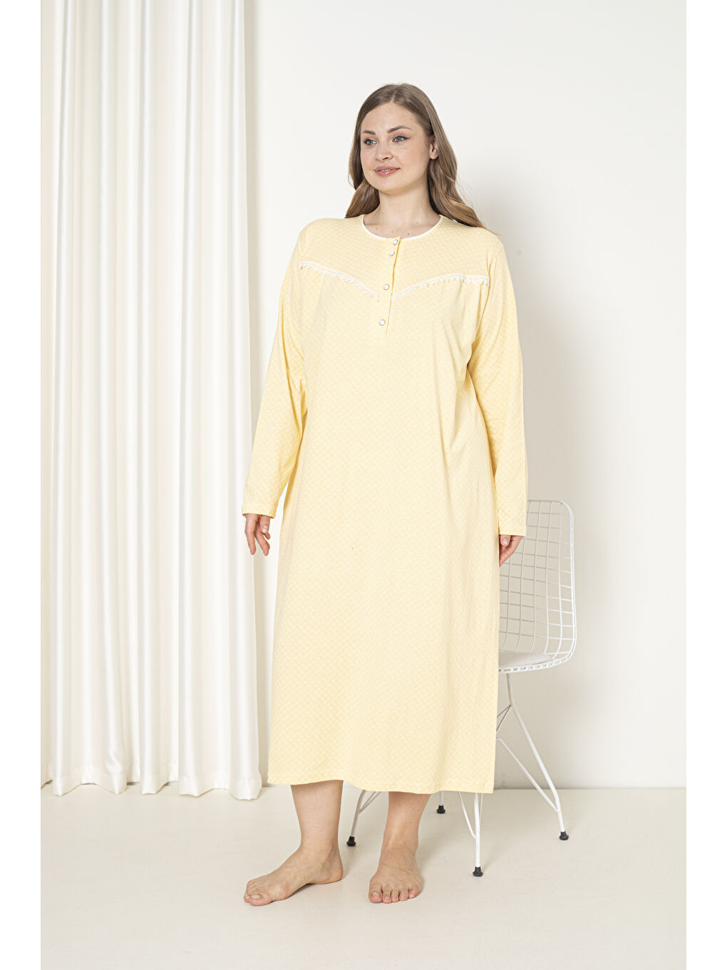 Sarı %100 Pamuklu Penye Uzun Kol Büyük Beden Anne Geceliği 052-2