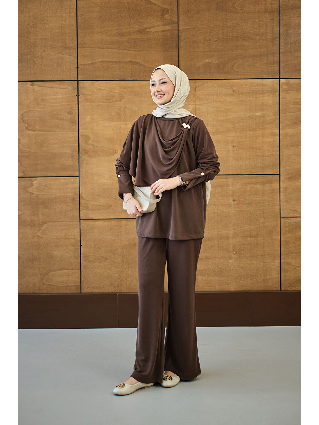 Kadın Yandan Düğme Detaylı Takım Kahverengi-2