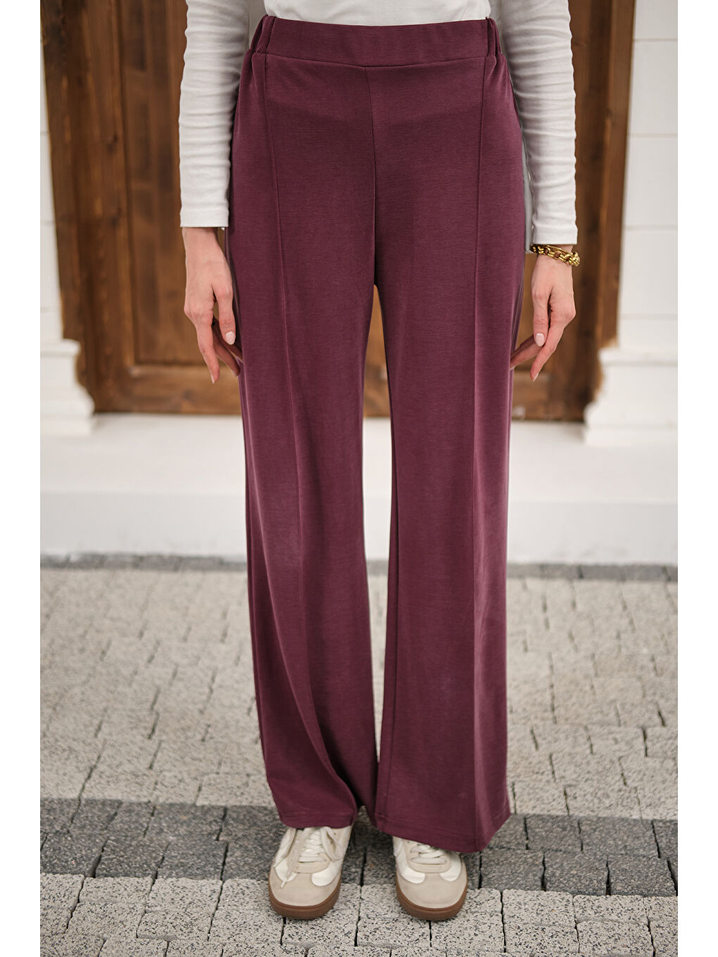 Kadın Önü Çima Detaylı Lastikli Pantolon Mürdüm-4