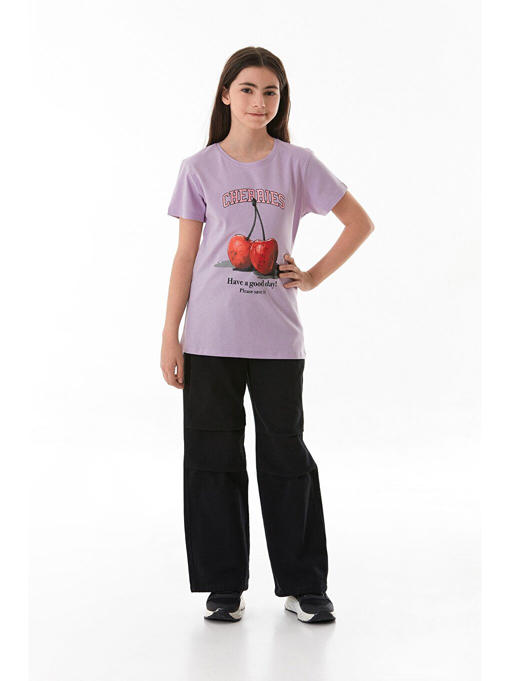 Lila %100 Pamuk Kiraz Baskılı Bisiklet Yaka Kız Çocuk Tişört-3