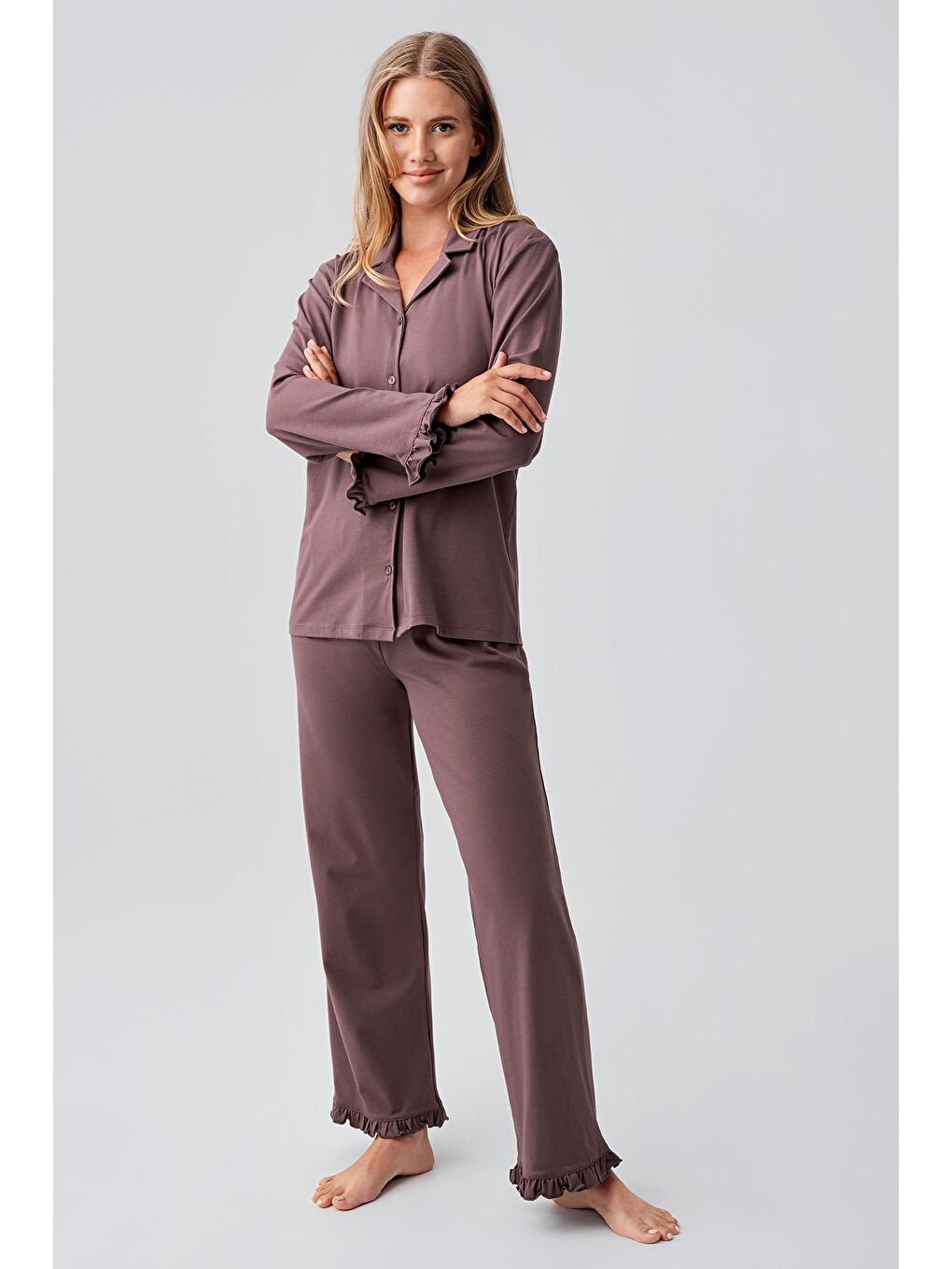 Kahverengi Uzun Kollu Düğmeli Esnek Pamuklu Pijama Takım 18203-1