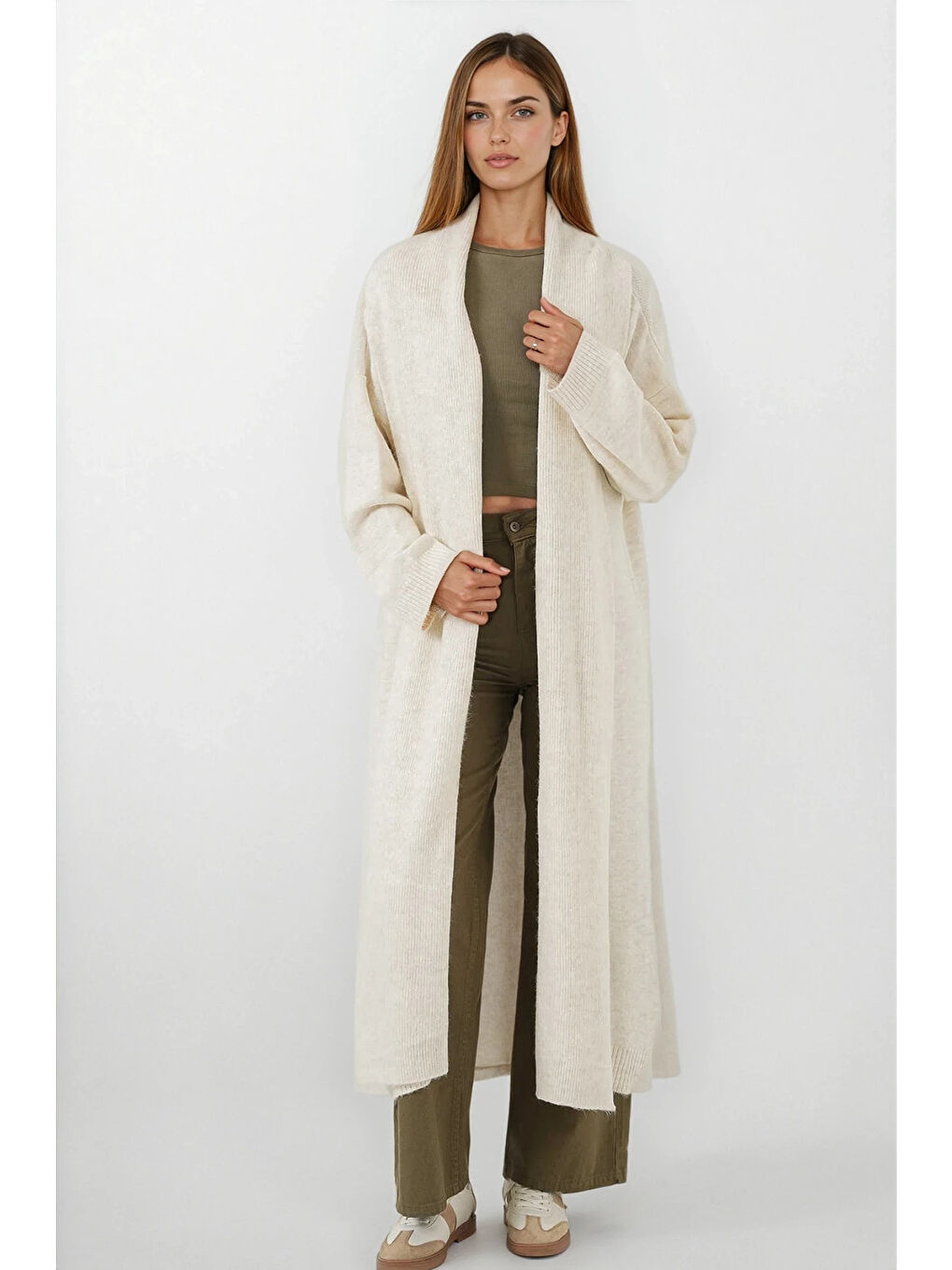 Kadın Ekru Oversize Uzun Triko Hırka HZL25W-BD1103041