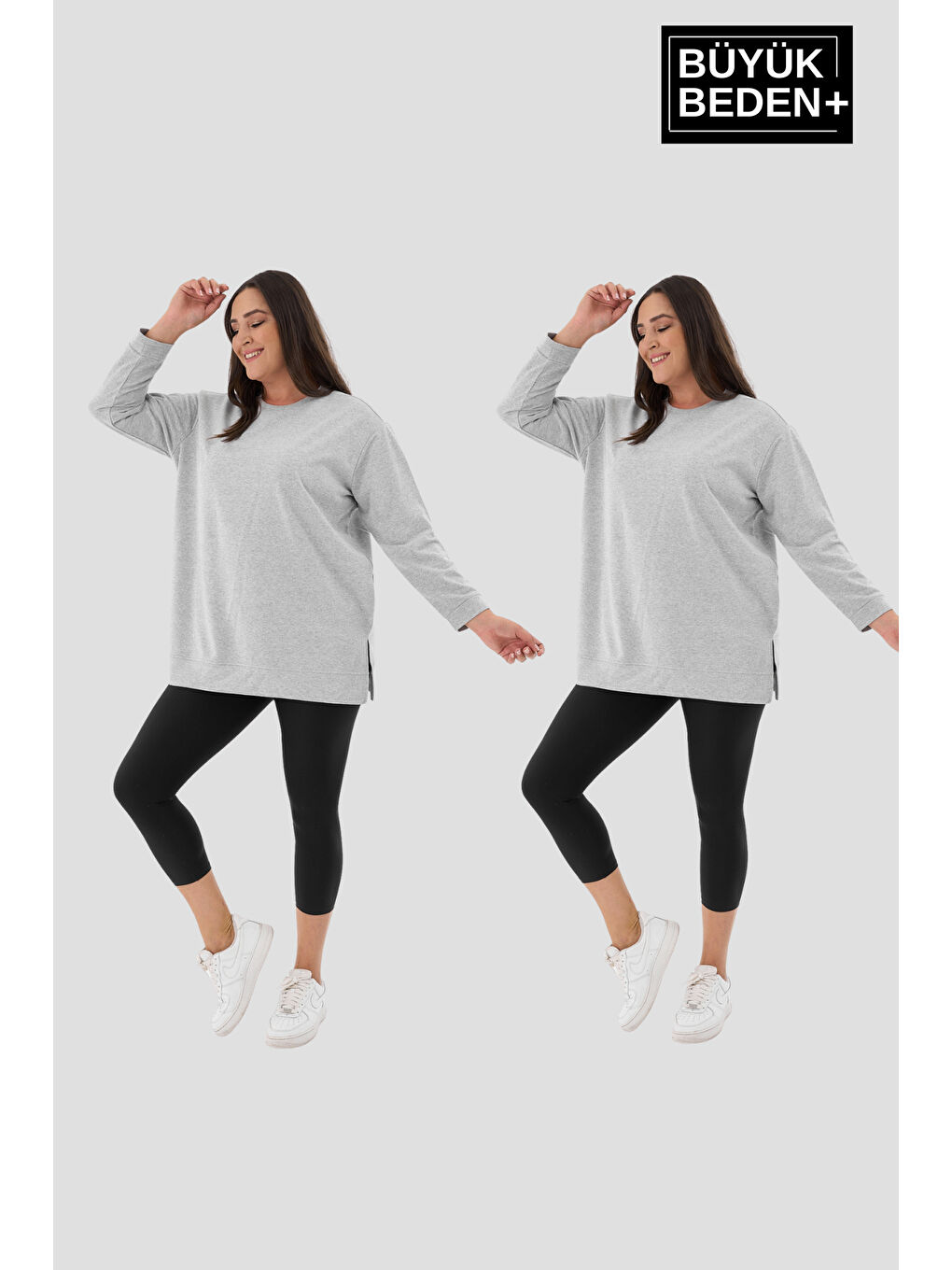 Gri Kadın Büyük Beden 2'li Set ince Sweatshırt Tunik SPR26BTK990+2