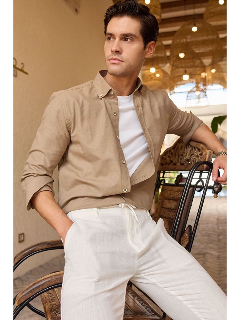 Kahverengi Turi Erkek Pamuk Gömlek Modern Slim Fit Keten Görünümlü Uzun Kol-3