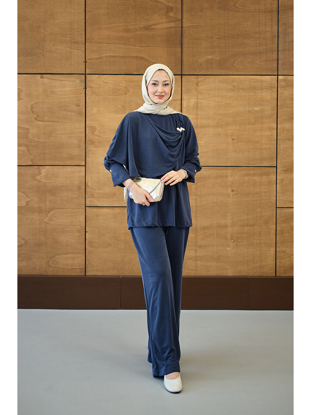 Kadın Yandan Düğme Detaylı Takım Lacivert-3
