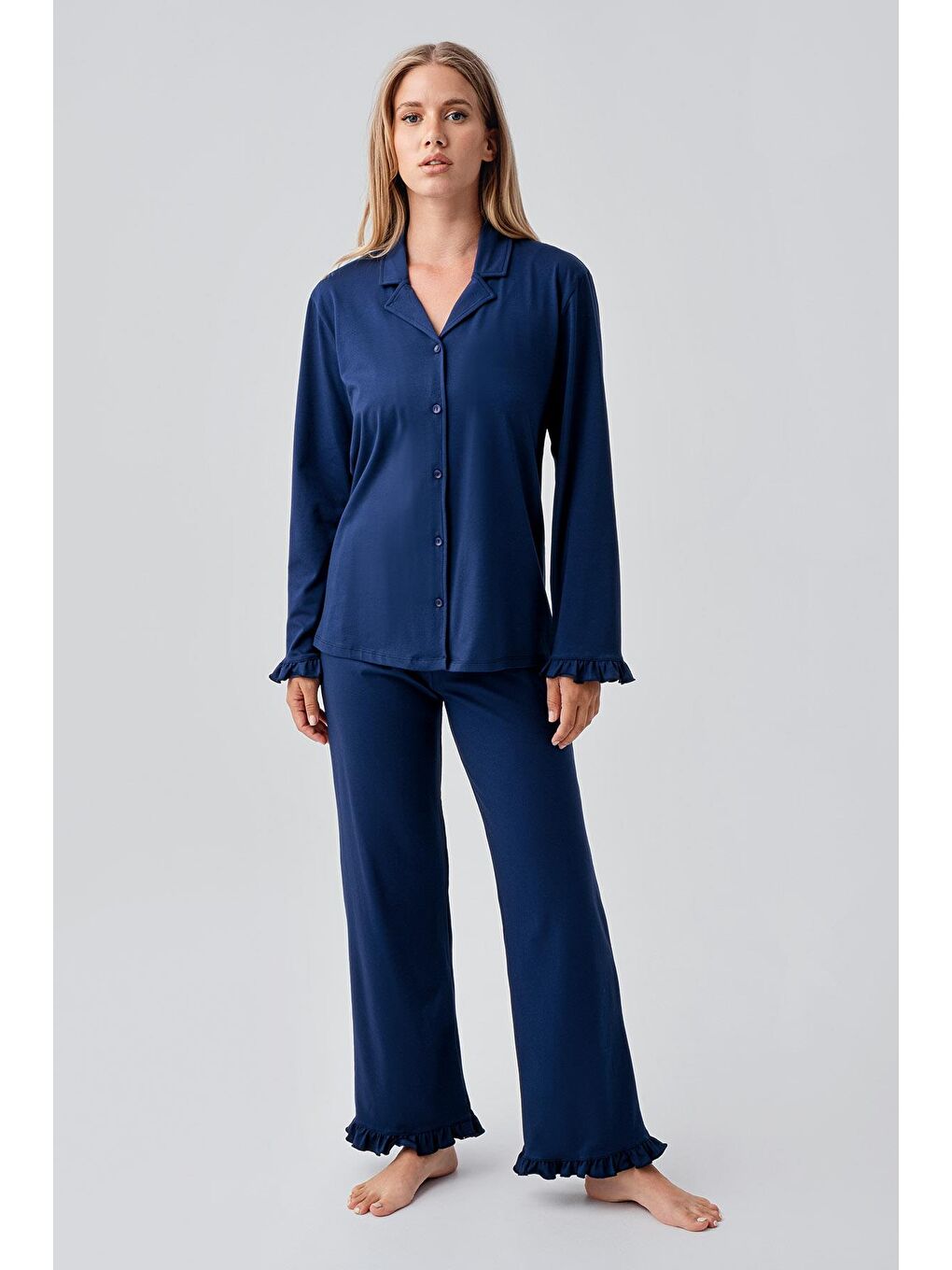 Lacivert Uzun Kollu Düğmeli Esnek Pamuklu Pijama Takım 18203