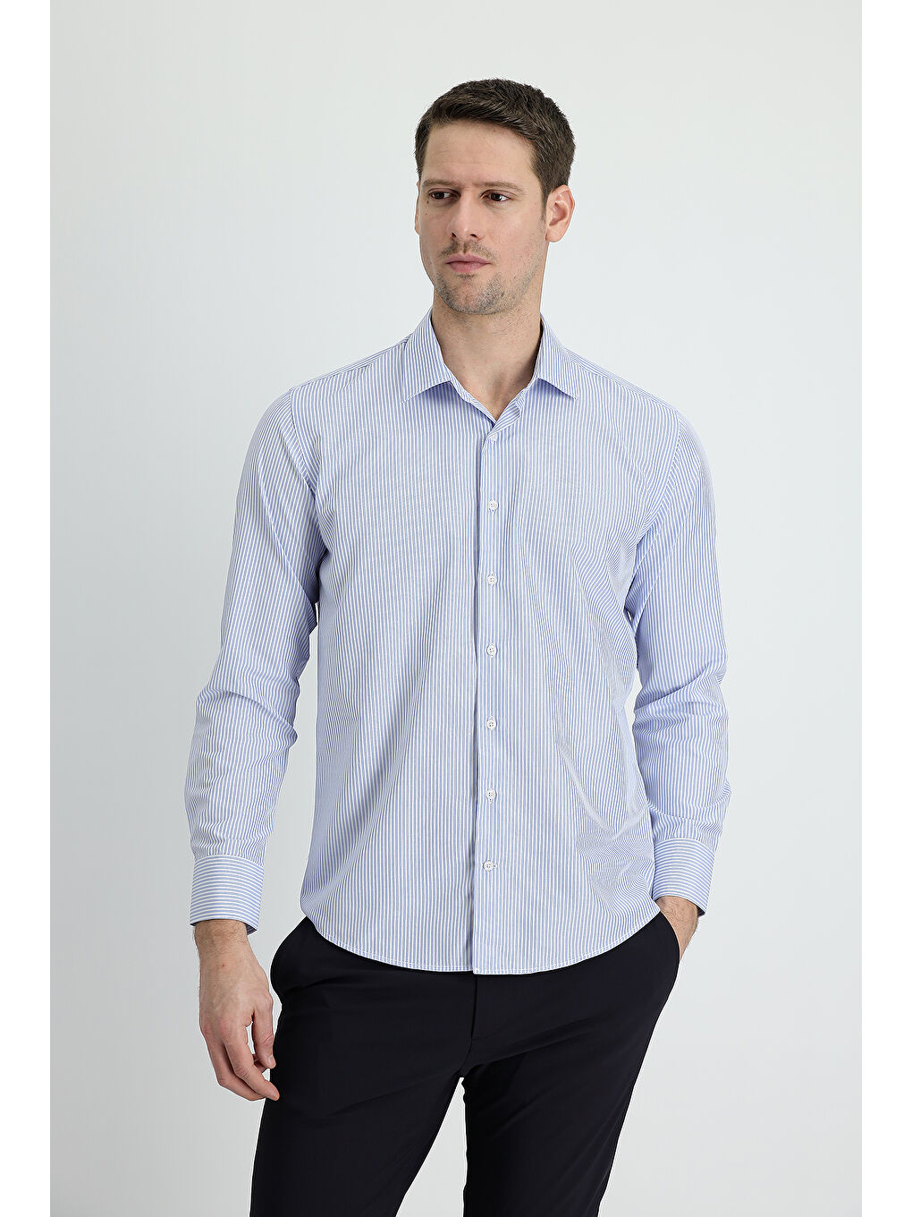 Mavi Uzun Kol Slim Fit Dar Kesim Çizgili Pamuklu Kolay Ütülenebilir Gömlek-1
