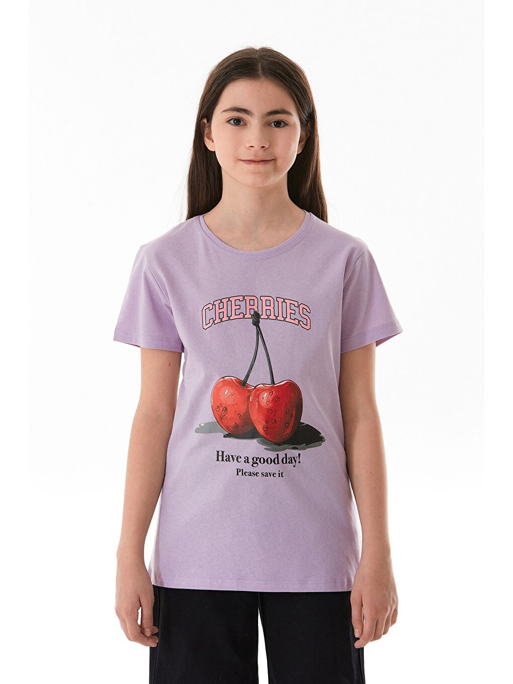 Lila %100 Pamuk Kiraz Baskılı Bisiklet Yaka Kız Çocuk Tişört-4