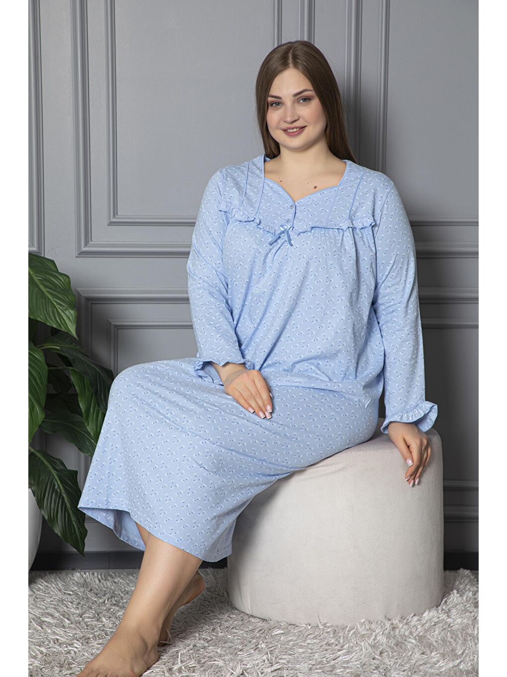 Mavi %100 Pamuklu Mevsimlik Uzun Kol Penye Büyük Beden Anne Gecelik 180-1