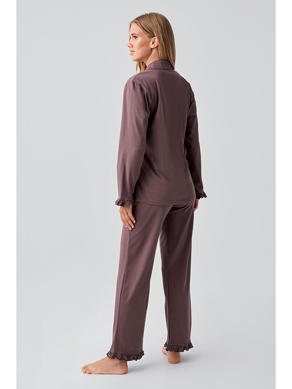 Kahverengi Uzun Kollu Düğmeli Esnek Pamuklu Pijama Takım 18203-2