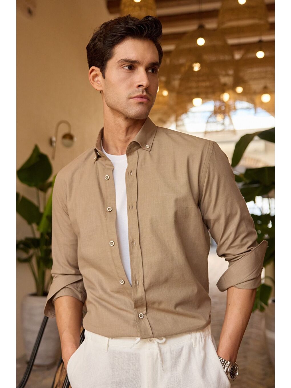 Kahverengi Turi Erkek Pamuk Gömlek Modern Slim Fit Keten Görünümlü Uzun Kol-4