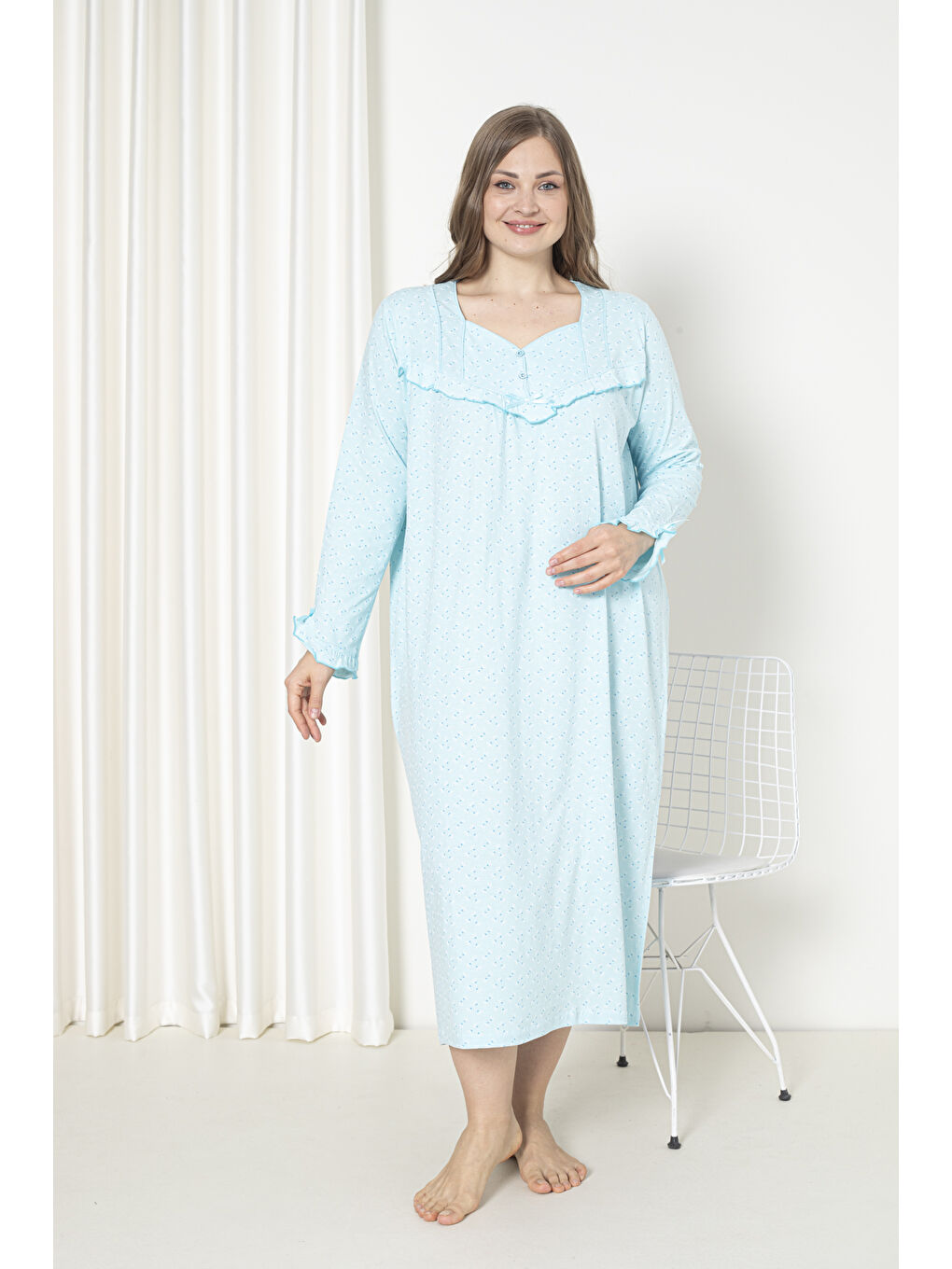 Yeşil %100 Pamuklu Mevsimlik Uzun Kol Penye Büyük Beden Anne Gecelik 180-1