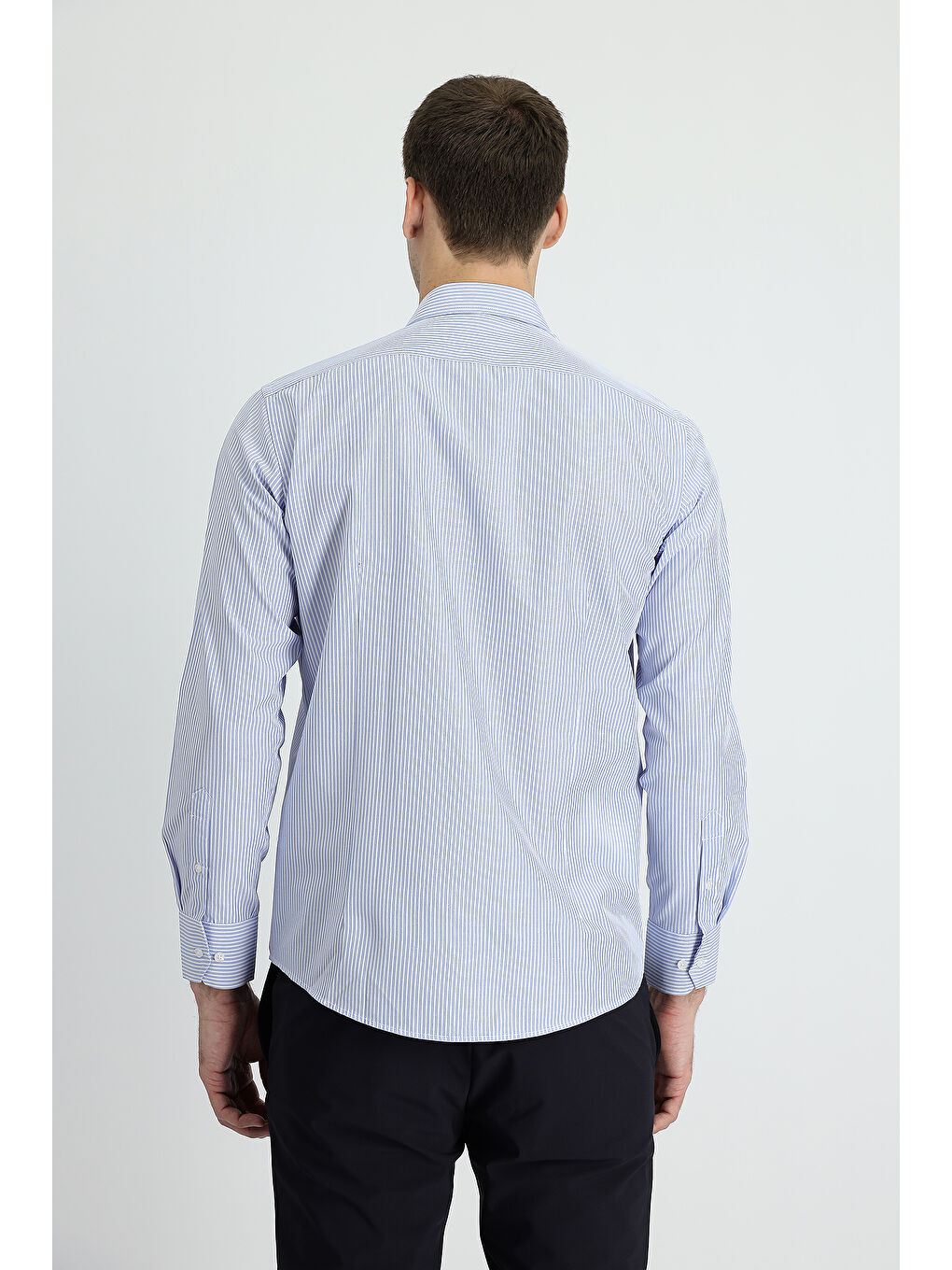 Mavi Uzun Kol Slim Fit Dar Kesim Çizgili Pamuklu Kolay Ütülenebilir Gömlek-2