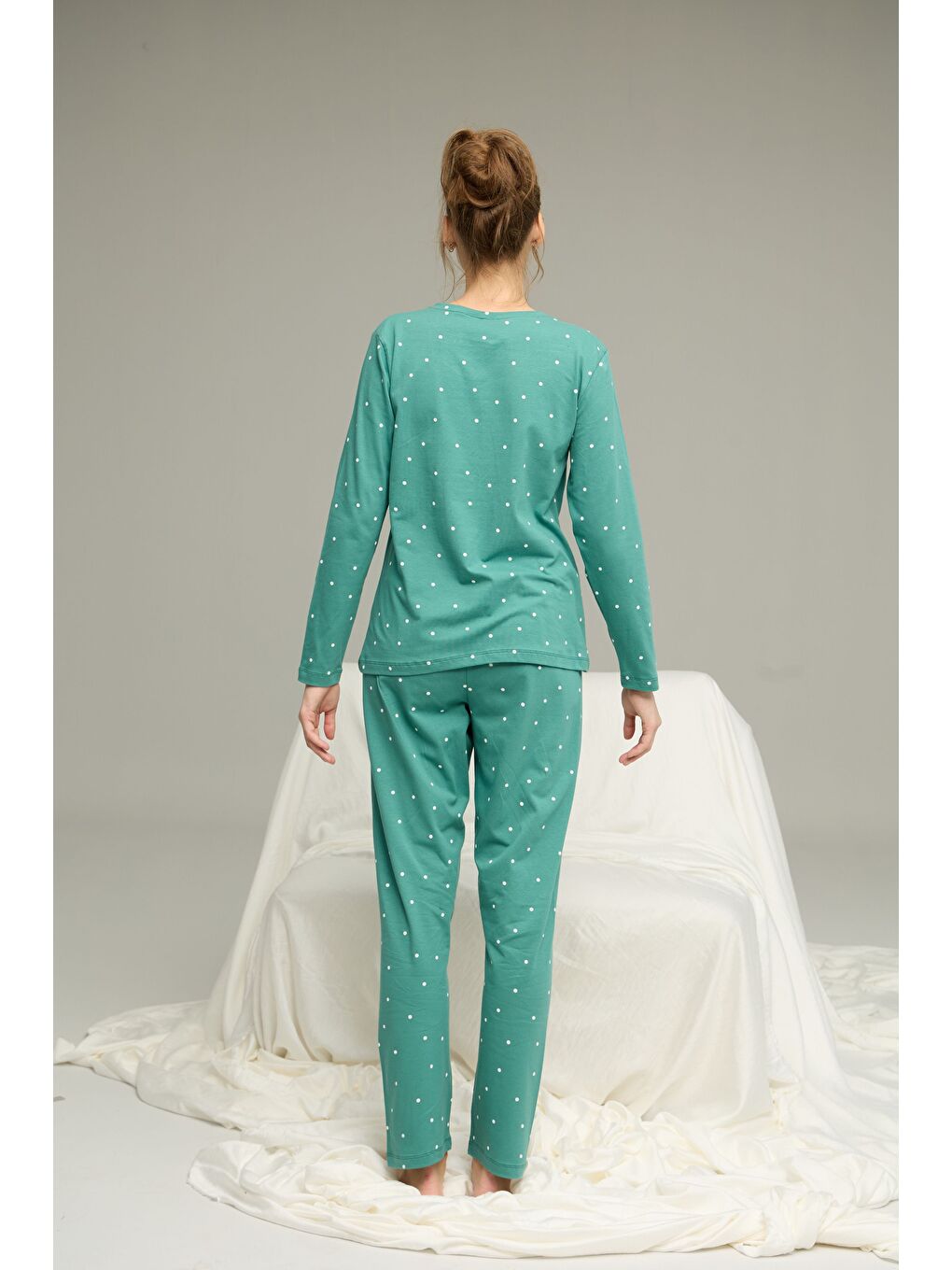 Yeşil Puan Desenli Pamuklu Bisiklet Yaka Örme Pijama Takım25241154-1