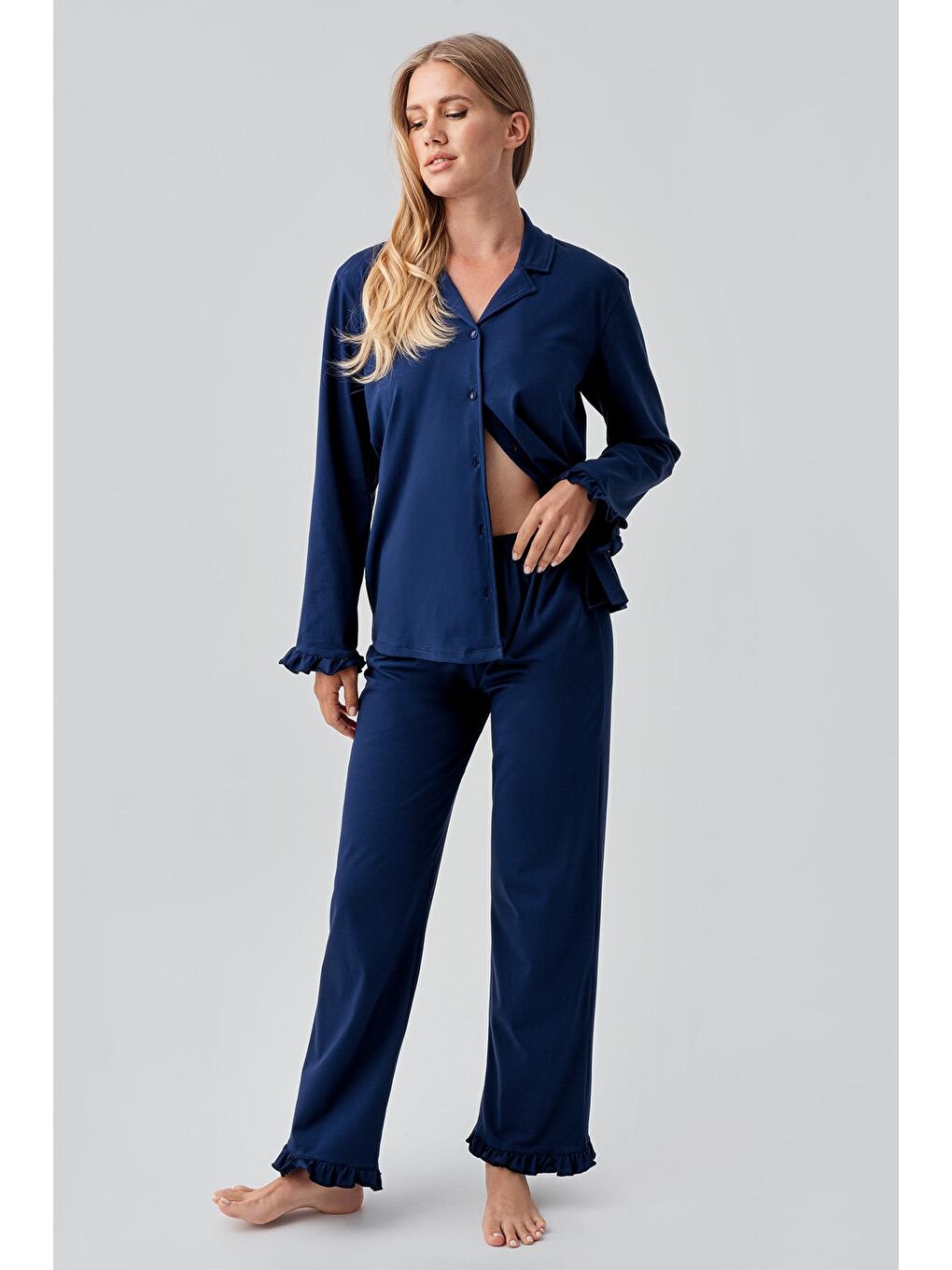 Lacivert Uzun Kollu Düğmeli Esnek Pamuklu Pijama Takım 18203-1