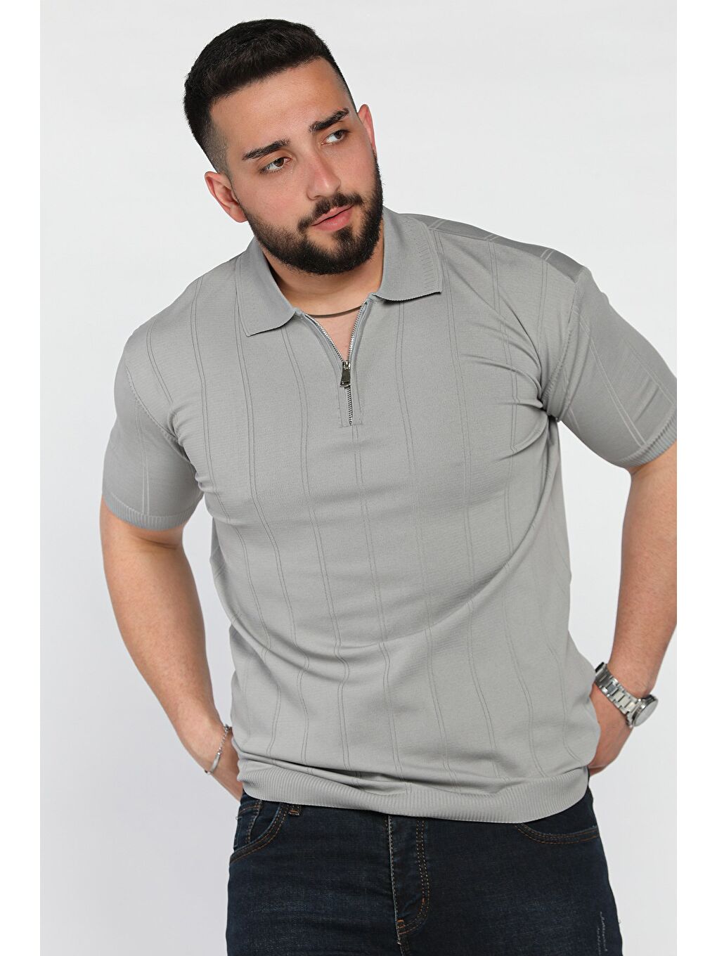 Gri Erkek Bisiklet Yaka Yarım Fermuarlı Triko Tişört-1