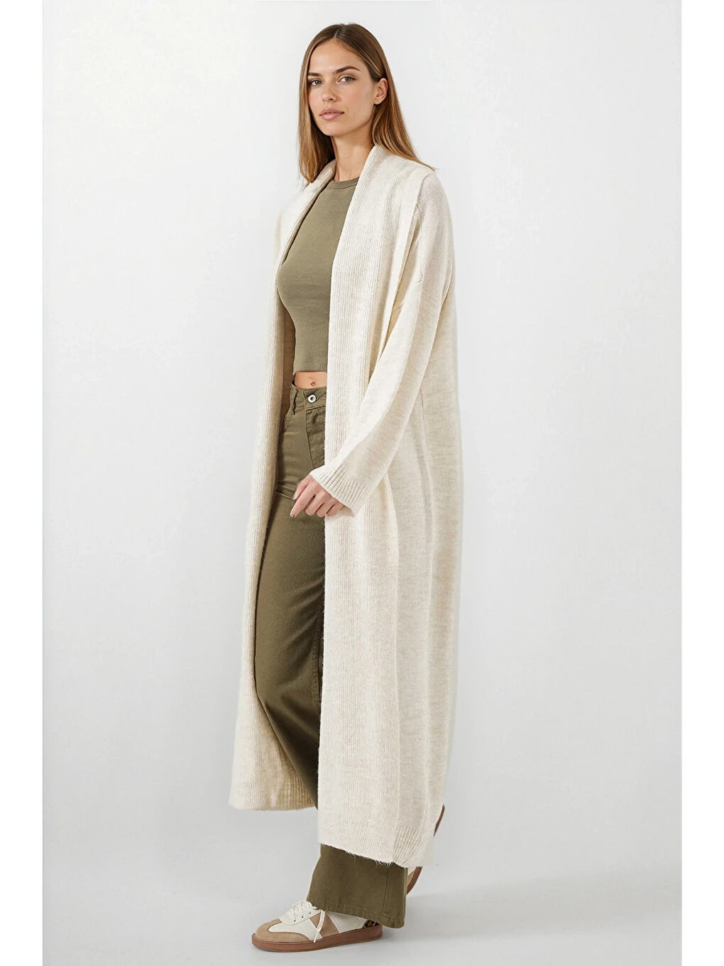 Kadın Ekru Oversize Uzun Triko Hırka HZL25W-BD1103041-1