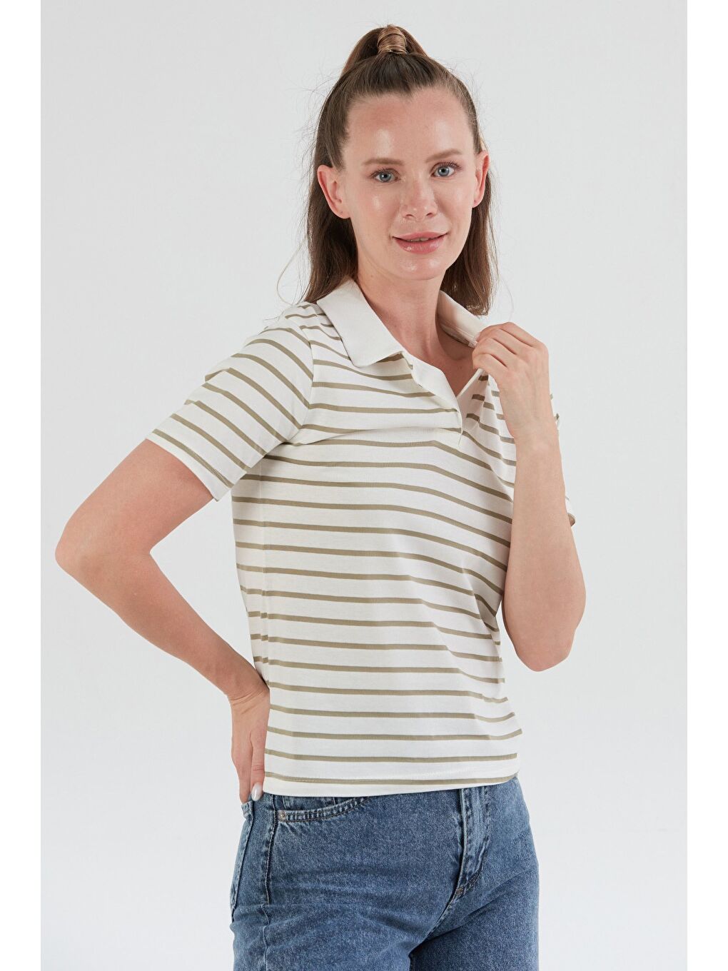 Turkuaz Çizgili polo Yaka Tişört-2