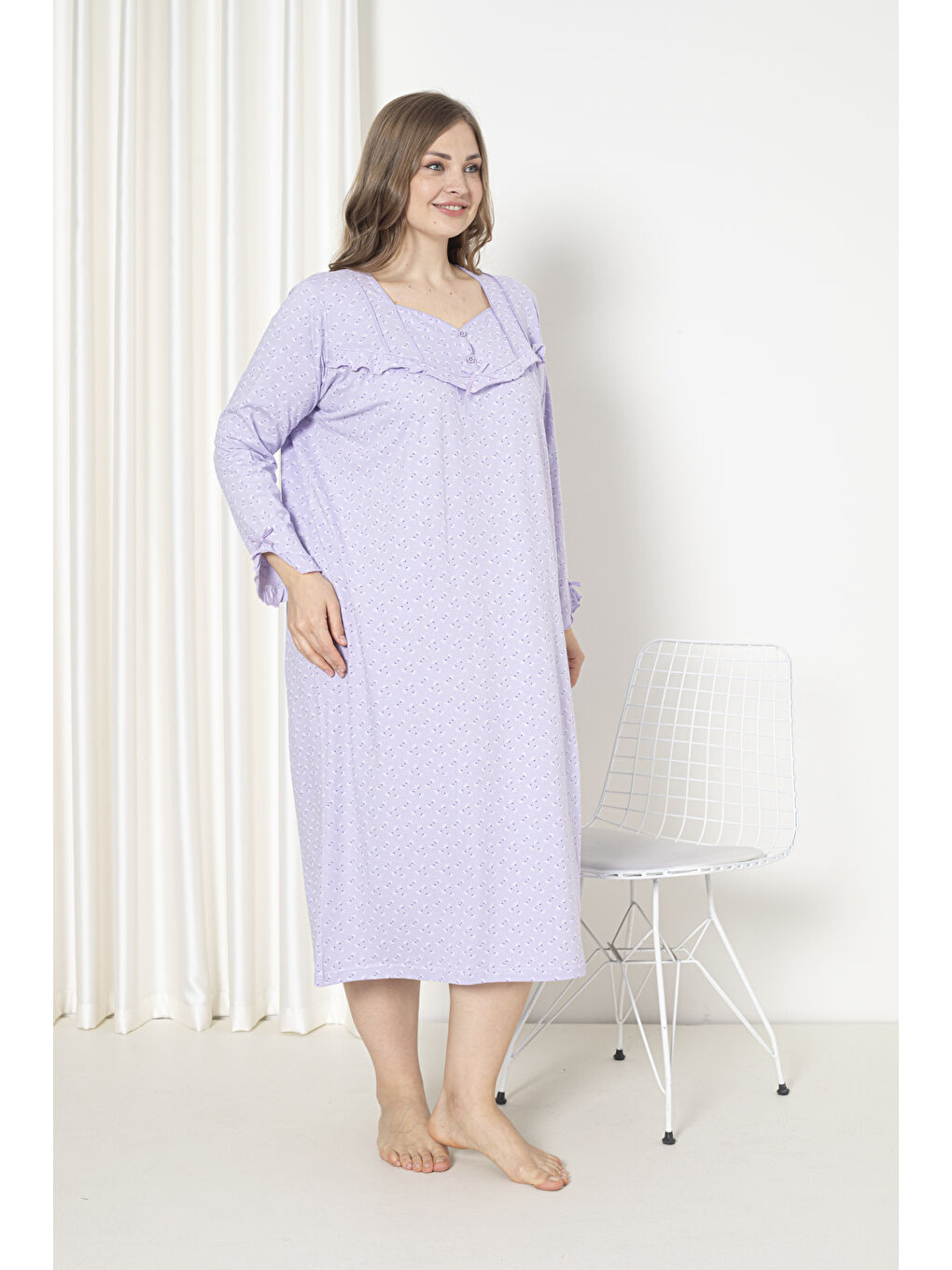 Lila %100 Pamuklu Mevsimlik Uzun Kol Penye Büyük Beden Anne Gecelik 180-2