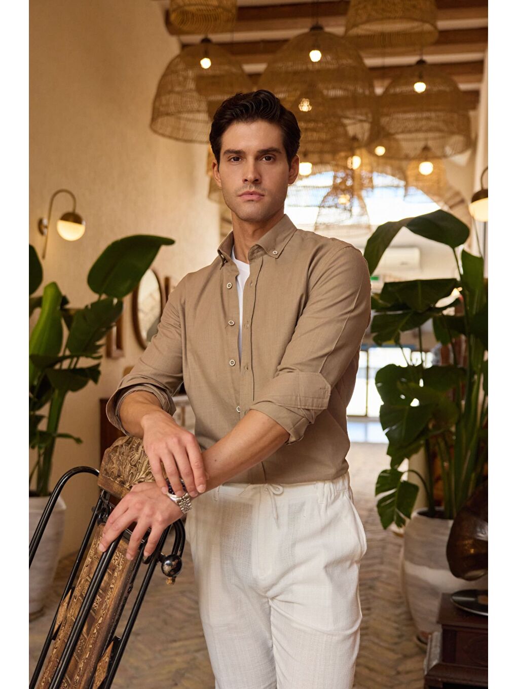 Kahverengi Turi Erkek Pamuk Gömlek Modern Slim Fit Keten Görünümlü Uzun Kol-5