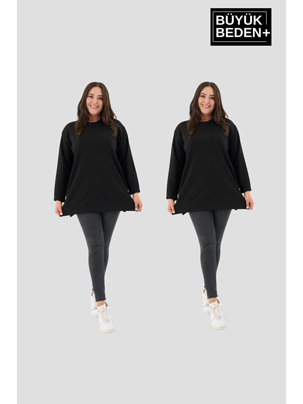 Siyah Kadın Büyük Beden 2'li Set ince Sweatshırt Tunik SPR26BTK990+2