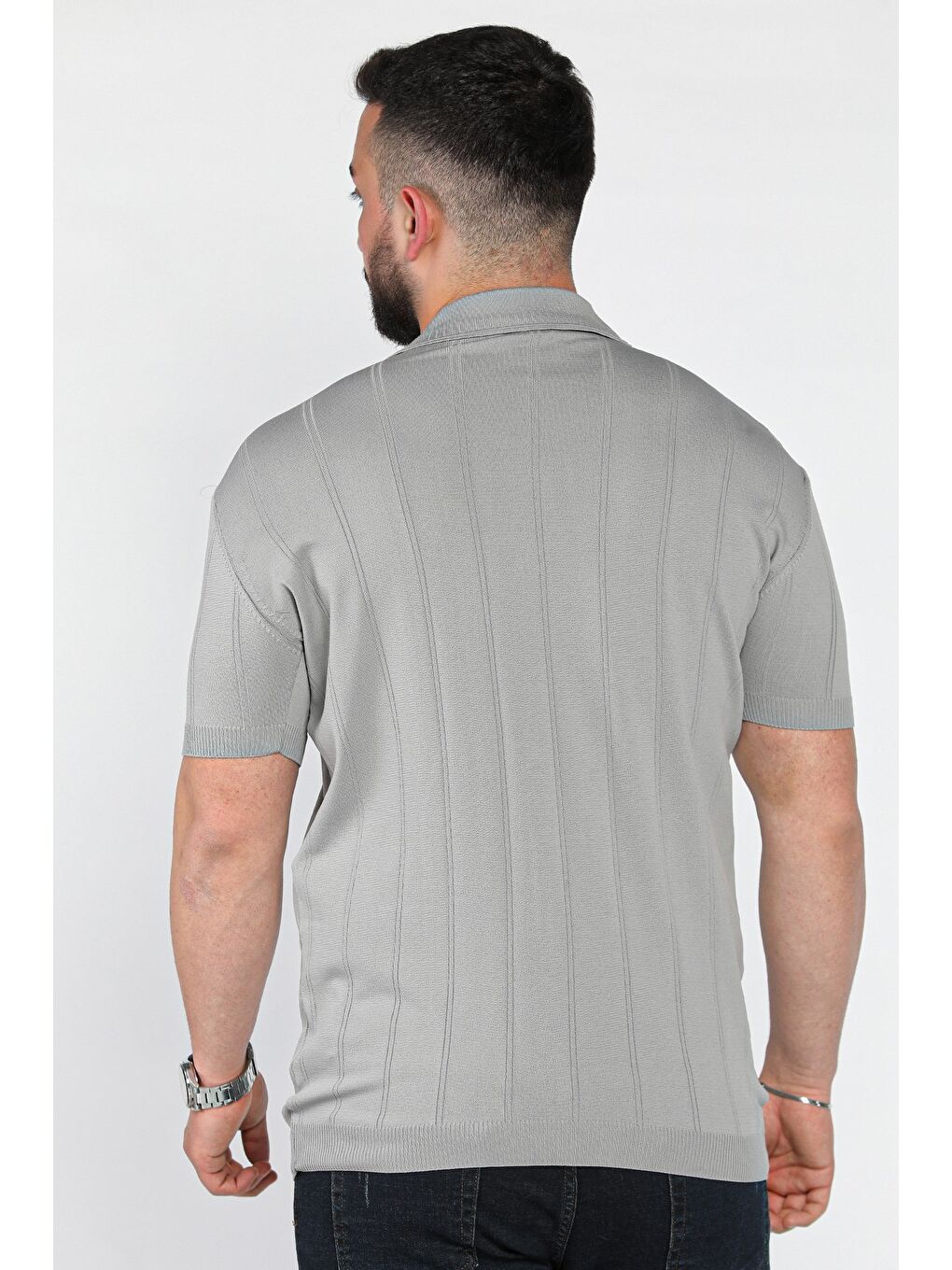 Gri Erkek Bisiklet Yaka Yarım Fermuarlı Triko Tişört-2