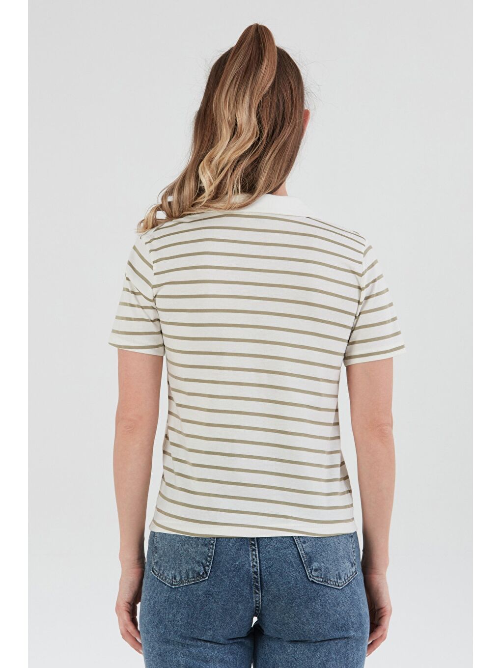 Turkuaz Çizgili polo Yaka Tişört-3