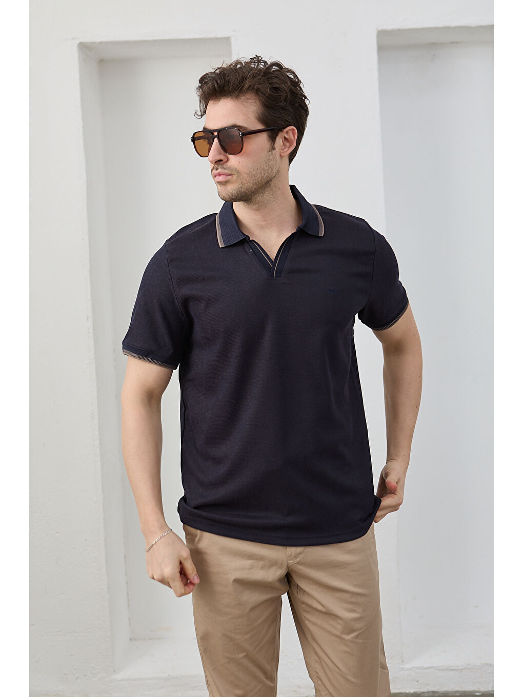 Lacivert Lodz Erkek Polo Yaka Tişört Çekmeyen Pamuklu Kumaş Regular Fit Günlük-1