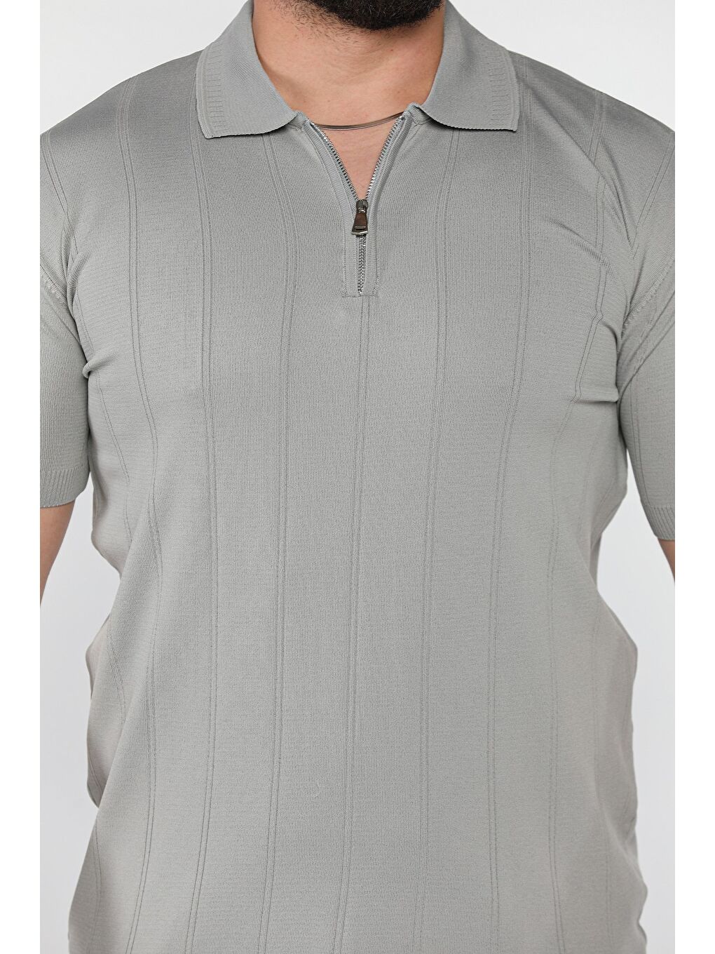 Gri Erkek Bisiklet Yaka Yarım Fermuarlı Triko Tişört-3